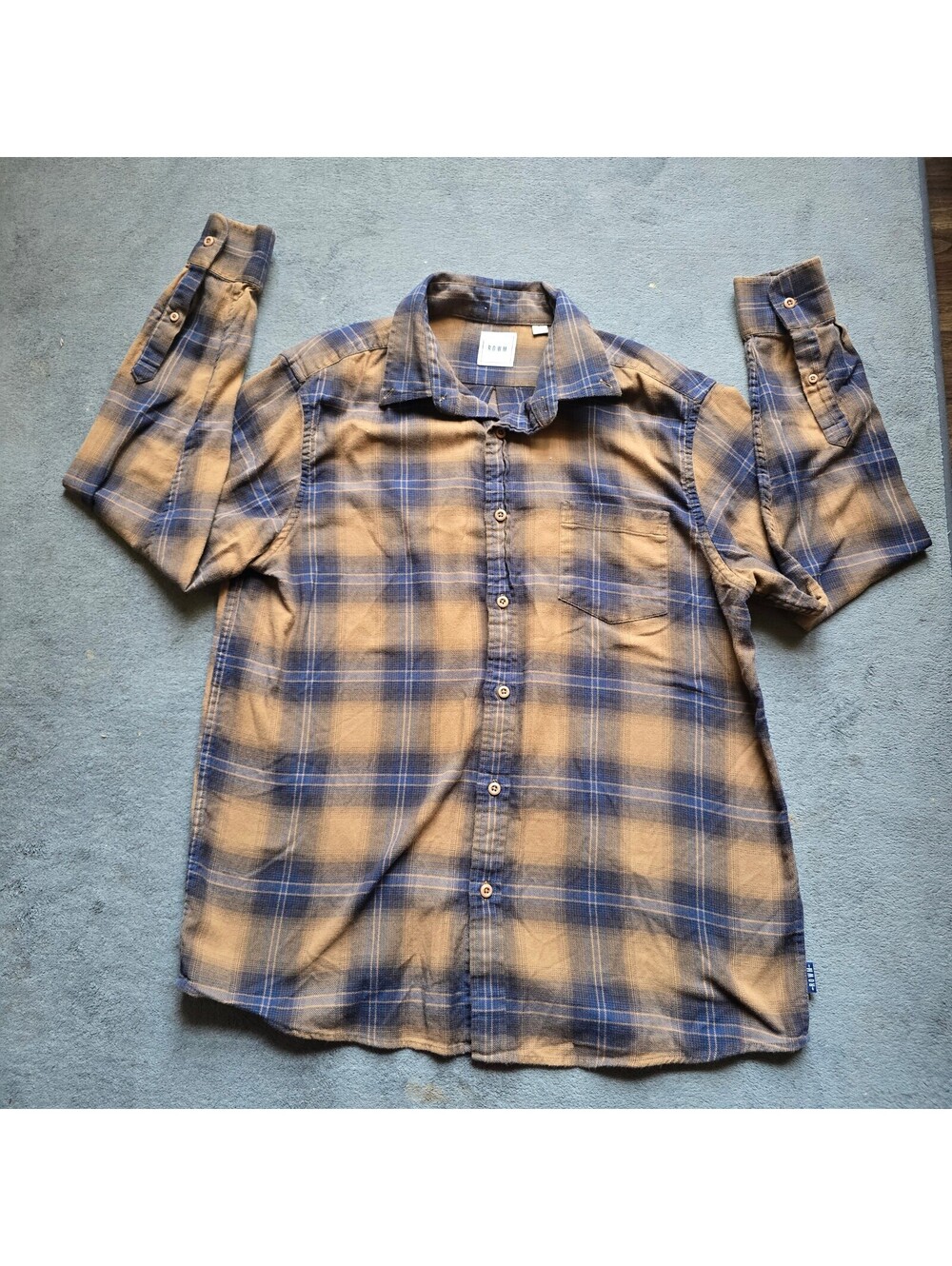 ROWAN Mens Large Blue Tan Plaid Flannel Long Sleeve Button Down Shirt